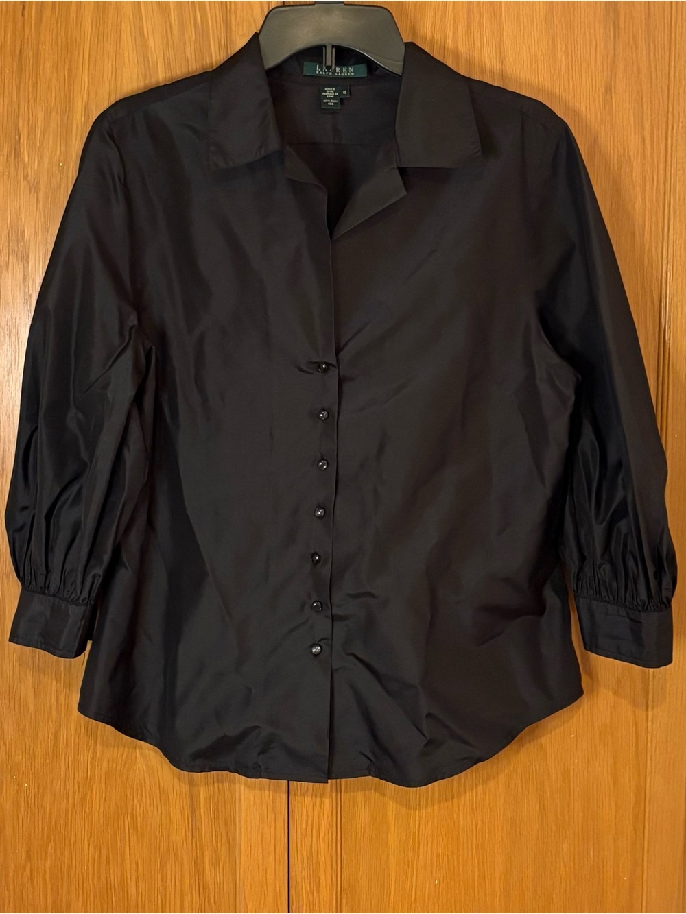 Lauren Ralph Lauren 100% Silk Black Shiny Collared Button Front 3/4 Sleeve Sz 10
